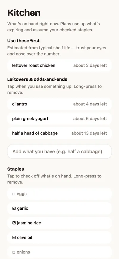 Whipped's Kitchen tab: leftover roast chicken under Use these first with about 3 days left, then cilantro, Greek yogurt and half a head of cabbage, then a staples checklist.